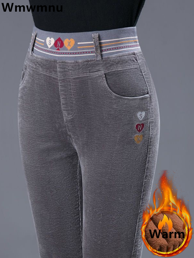 Corduroy Pant Warm - 冬厚みの豪華な裏地付きペンシルパンツ暖かいスリムハイウエストコーデュロイパンタロンオフィスママのヴィンテージビッグサイズ 4xl Spodnie 新しい