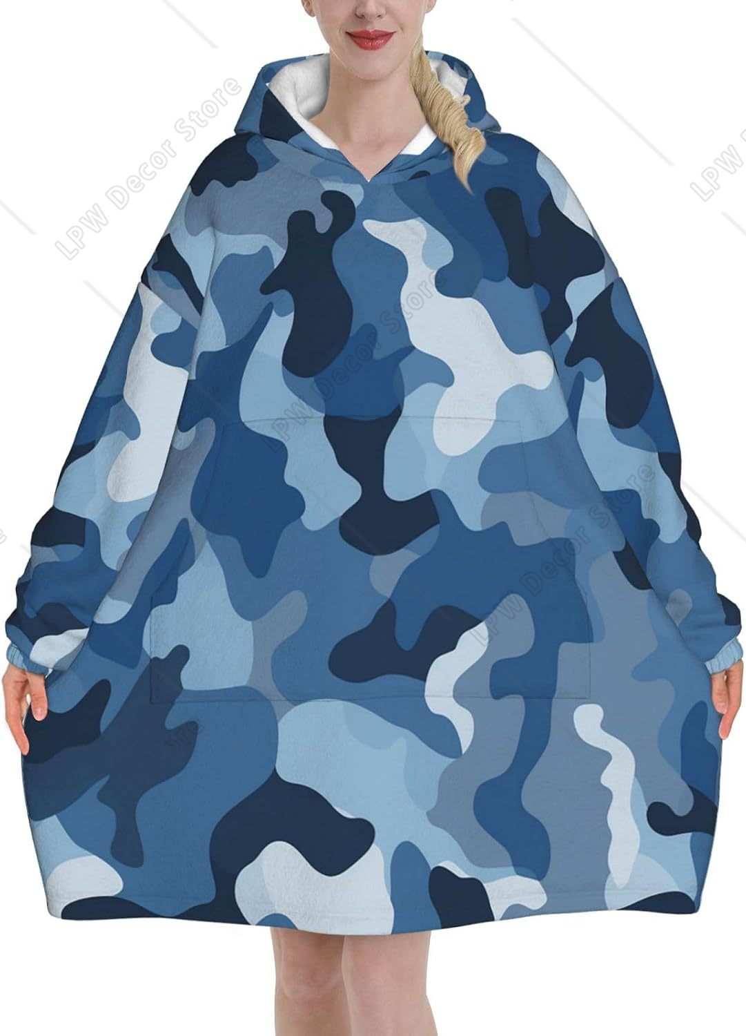 クラシックブルーカモ柄ウェアラブルブランケットフーディー迷彩 - Sherpa Hoodie Fleece のレビューと価格